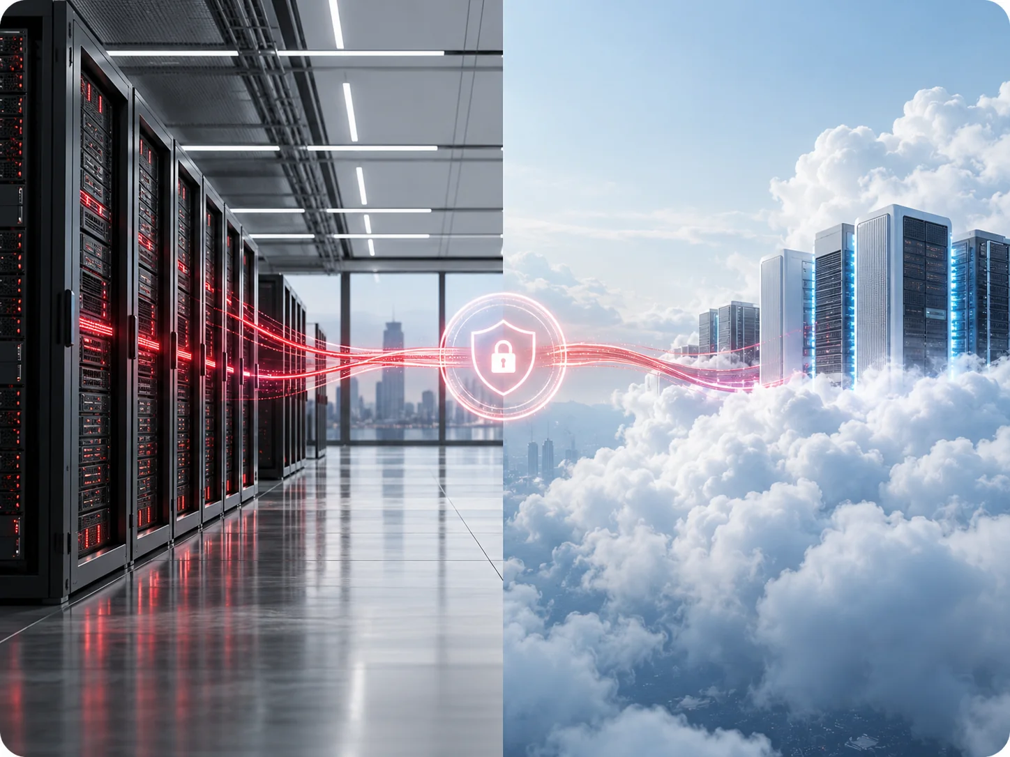 Private Cloud ve Public Cloud ortamlarını güvenli bağlantıyla birleştiren Hybrid Cloud mimarisi