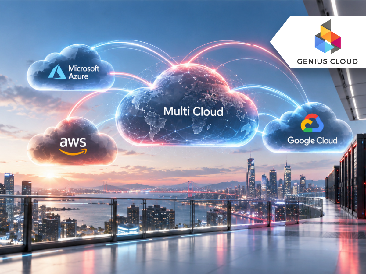 TRN Teknoloji Multi Cloud çözümleriyle Microsoft Azure, AWS ve Google Cloud bulut platformlarının birbirine bağlı yapısını gösteren görsel