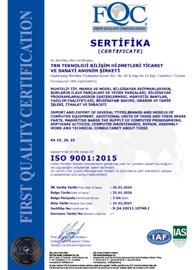 TRN Teknoloji ISO 9001:2015 Kalite Yönetim Sistemi sertifikası