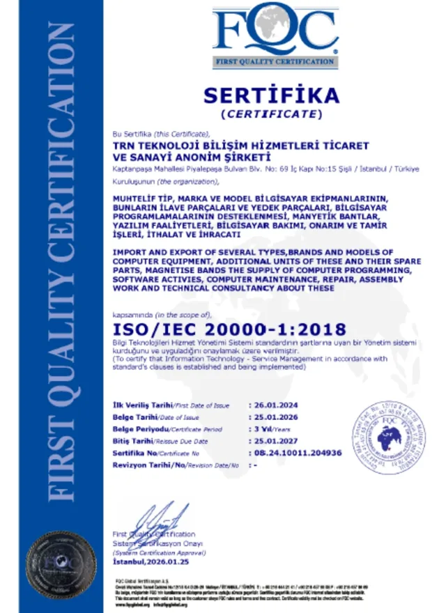 TRN Teknoloji ISO/IEC 20000-1:2018 Bilgi Teknolojileri Hizmet Yönetim Sistemi sertifikası