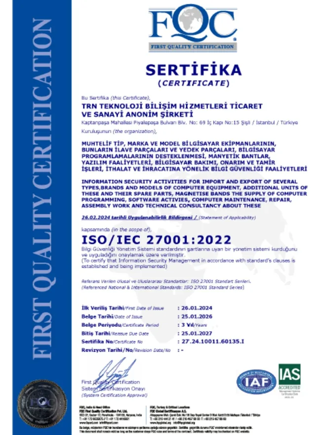 TRN Teknoloji ISO/IEC 27001:2022 Bilgi Güvenliği Yönetim Sistemi sertifikası